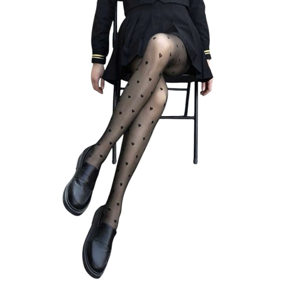 Women Black Heart Pattern Tight Stocking - Picture 2 of 5